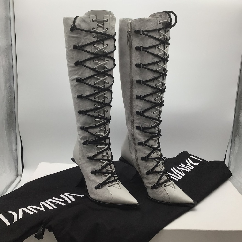Damaya Mercy Grey Leather Lace Up Knee High Heel Boots Italy Size EU 37 US 6.5-7